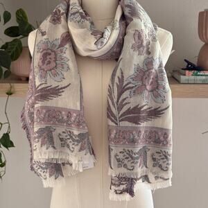 J. Jill Floral Print Floral Scarf Cotton Boho Feminine Fall Chic Purple Cream